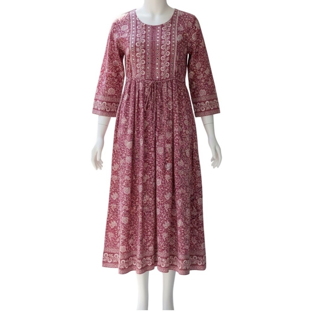 VTG AF Floral Block Print Mirror Work Maxi Dress Magenta Pink White Size 38